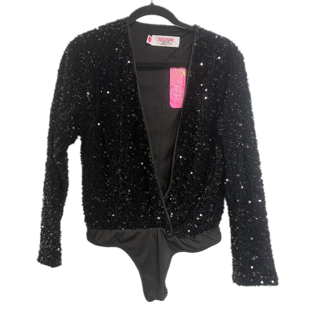 Southern Fried Chics Black Sequin Bodysuit Long Sleeve Plunge Snap L NWT